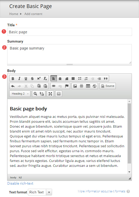 Basic page fields 1 to 3