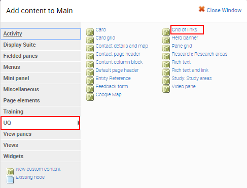 Select grid of links