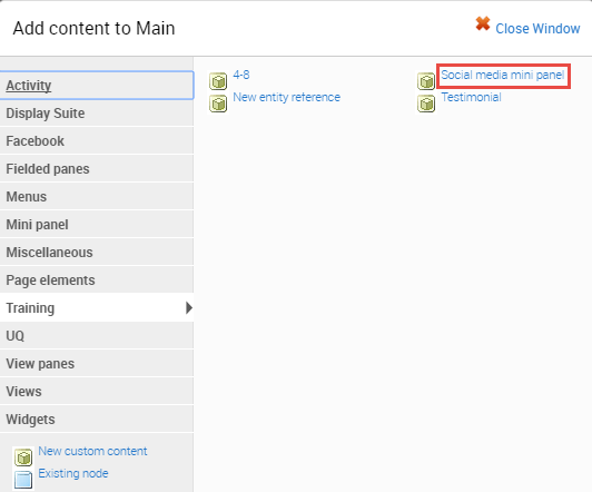 categories displayed with an option to select mini panel